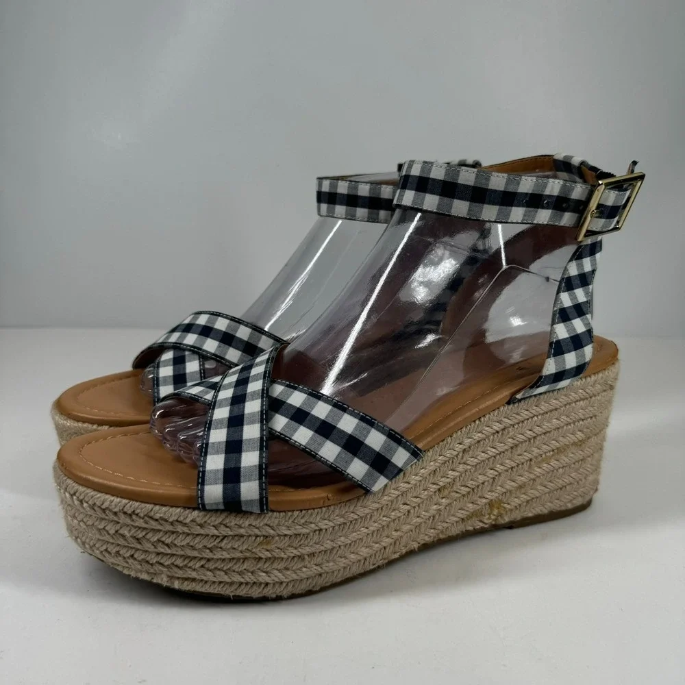 J.Crew Women's US 8.5 Navy Blue Gingham Flatform Espadrille Wedge Sandals L4669